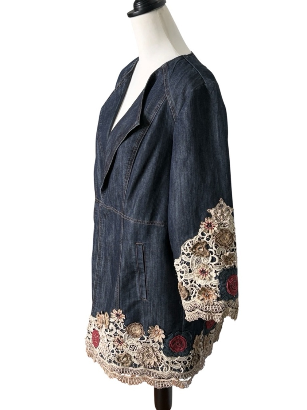 Chicos Embroidered Lace Denim Jacket Duster • Size 2 /US L • 3/4 Sleeve - Picture 2 of 15